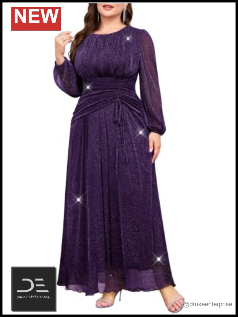 Plus Size Shimmer Mesh A-Line Maxi Formal Dress Puff Sleeve Wedding Guest